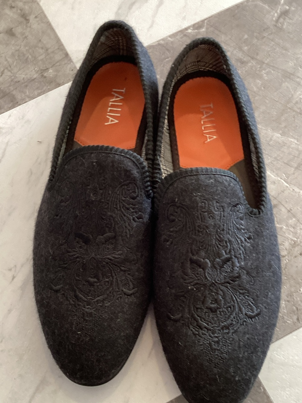 TALLIA Black Embroidered Slip-On Loafers with Orange Insole